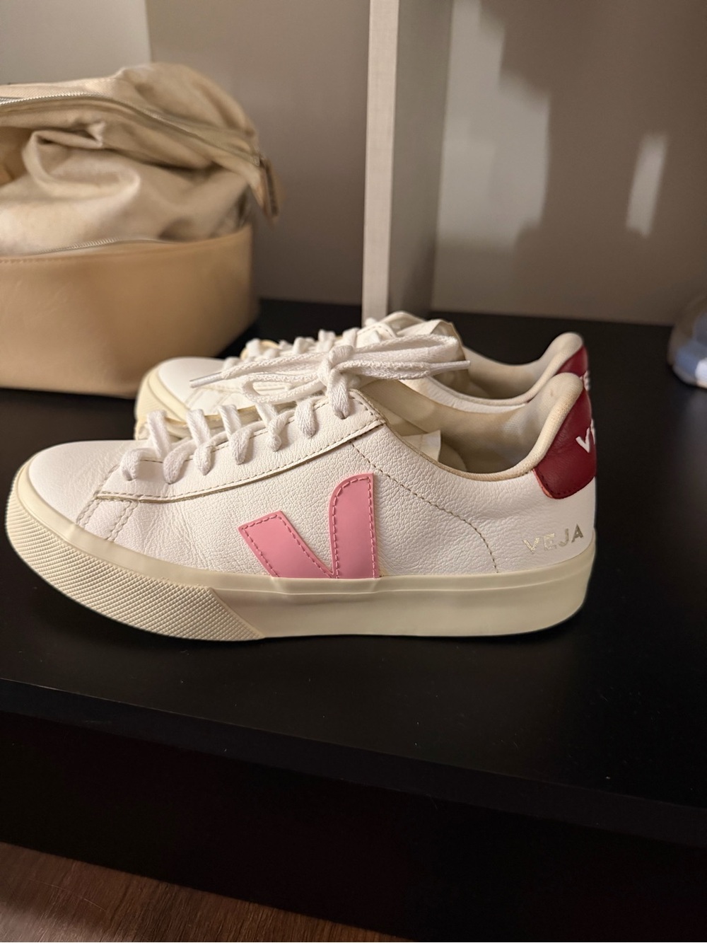 Veja White Leather Sneakers with Pink V and Burgundy Heel - Picture 5 of 7